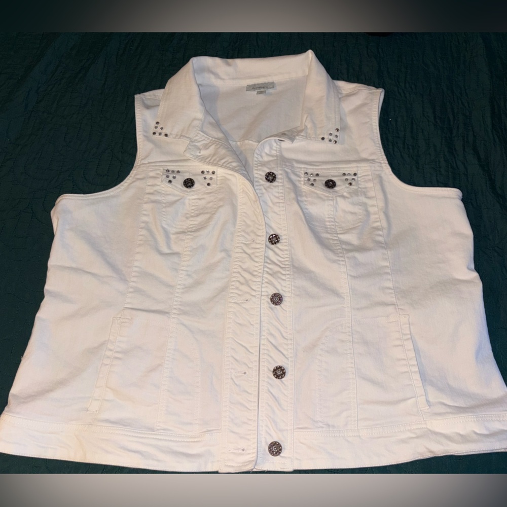 dressbarn White  Vest Stud-Accent Sleeveless Denim Vest